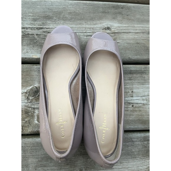 Women Cole Haan Air Tali US 5,5 Purple Patent Leather Peep Toe Wedge Heels - Picture 8 of 11